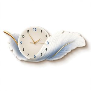 Modern 3D Feather Wall Clock - 50_21cm Large Art Clock For Living Room, Bedroom, Office - Silent Decorative Wall Clock - Blue White