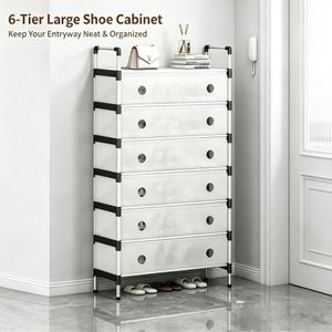 Dou-color 6-Tier Shoe Storage Cabinet, 63 x 28 x 110 cm Slim Shoe Organizer with Transparent Dust-Resistant Doors and Ventilation Holes, Space-Saving Shoe Rack for Entryway, Bedroom and Closet
