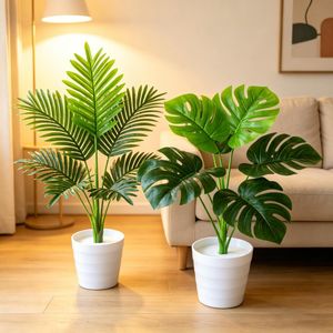 EiFESS Artificial Monstera & Areca Palm Potted Plant with Flower Pot, 2 Types Fake Green Foliage Ornament for Indoor Home Office Decoration