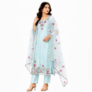 Women's Sky Blue Embroidered Silk Dress with lining (3-Piece with veil included)