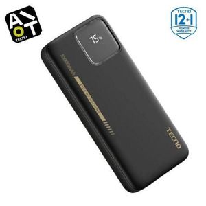 TECNO 20,000mAh LED Display Fast Charging Power Bank With Integrated USB-C & Lightning Cable - Black