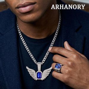 ARHANORY Men's Angel Wings 2-Piece Set: Blue Diamond Necklace + Adjustable Ring