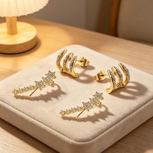 Dual-Style Ear Climber Earrings Set, Curved Stud Earrings, Layered Daily Earrings for Women-Gold