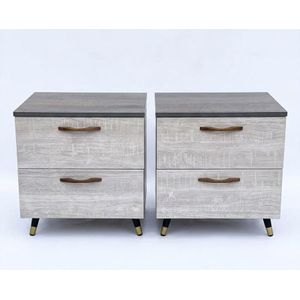 Set of 2 Modern 2-Drawer Wooden Nightstands with Tapered Gold-Tipped Legs - Grey & Washed Wood