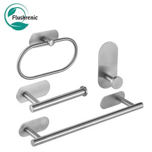 Flushrenic Bathroom Accessories Set,Toilet Towel Rack,Stainless Steel Self-Adhesive Paper Holder Robe Hook Towel Ring Roll Paper Stand