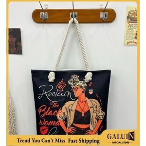 GALUIN Black Retro Letter Portrait Tote Bag, Large Cotton Rope Strap Street Style Women Shoulder Bag