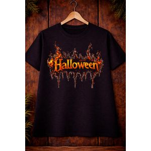 Halloween Flame Spooky Horror Style Graphic T-Shirt - Black
