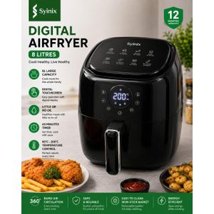 Syinix 8L Digital Air Fryer 1650W Oil Free Cooker with Viewing Window, Touch Screen, Adjustable Temperature & Timer – Black