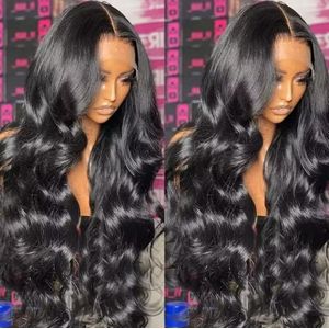 Long black synthetic wig with wavy hair and lace front
