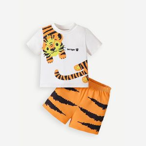 No Cute & Stylish Boys' Short Sleeve 2-Piece Set - Vibrant Colorblock Cartoon Tiger Outfit. Made with high spandex fabric, perfect for sports and indoor/outdoor wear. Suitable for ages 1-4 years.