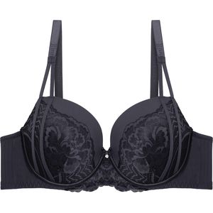 Binnys Premium Dark Grey Chic Chest Straps Design Underwire Beautifully Upper Bust Chest Straps Fixed Foam Padding Non-removable Pads Formal Women Bra 
