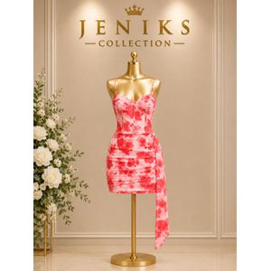 Floral Corset Bodycon Mini Dress – Pink & Red Floral Ruched Dress with Side Draping