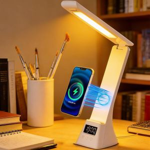 Beqqk All-in-One Wireless Charging Desk Lamp with Digital Clock & Alarm, 15W Fast Phone Charger, 3 Color Lighting Modes, 180°Foldable, Touch Control for Bedroom, Office