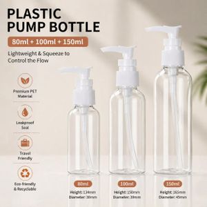 Plastic Pump Bottle Set 80ml 100ml 150ml Leakproof Refillable Travel Containers - 3 Pack
