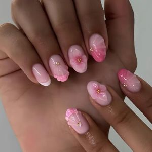 24pcs Short Oval Press-on Nails with 3D Designs