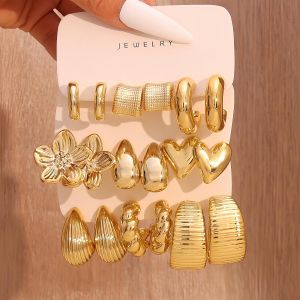 9 Pairs Women's Geometric Hoop Drop Shape Earrings Set - Gold
