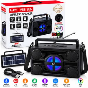 LP V88 SUN Wireless Bluetooth Speaker – 10W Loud Stereo Speaker with Solar Charging, FM Radio & RGB Lights -BLACK