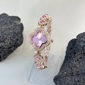 Ladies Classic Quartz Watch Four-leaf Clover Embedded Diamond Colorful Rhinestone Elegant Alloy Bracelet