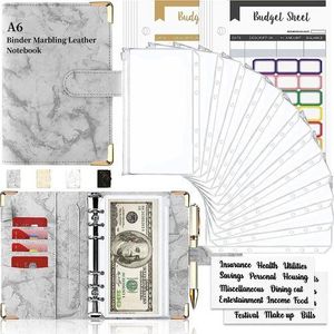 A6 Marble Print Budget Binder - Grey Faux Leather, Waterproof, 100 Sheets
