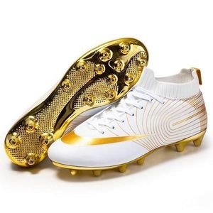 Men Soccer Shoes AG High Ankle Football Boots Men Sneakers - White/Gold