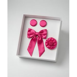 Women's 4-Piece Fuchsia Pink Satin Hair Accessory Set in Gift Box – Oversized Bow Clip, Flower Brooch & Covered Buttons Set   