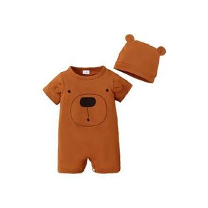 Catpapa Baby Boy Bear Print Short Sleeve Romper+Hat