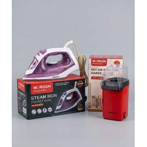 Morgan Electronics 2-in-1 Home Combo – 1800W Garment Steam Iron (YD-S44) & 1200W Electric Hot Air Popcorn Maker (PP-1016)