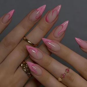 24pcs Almond Press On Nails with Pink Swirl French Tip