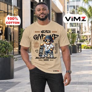 VIMZ Unisex 100% Cotton Graphic T-Shirt – Never Give Up Bear Streetwear Print, Short Sleeve Round Neck for Men & Women – Khaki
