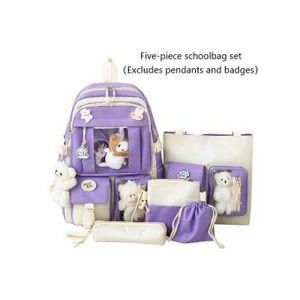 5PCS Backpack Set,Girls' Schoolbag,Canvas Bag,Pencil Case(Excluding Pendants and Badges)-Purple