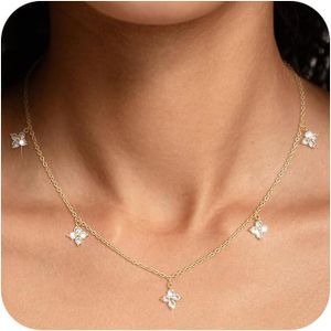 Dainty Clover Pendant Necklace for Women, 14K Gold Plated Multi Floating Four Leaf Clover Zircon Choker, Minimalist Delicate Chain Jewelry Gift for Daily Wedding Party