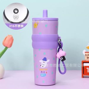 710ml Cute Cartoon Stainless Steel Vacuum Tumbler With Straw & Carr...