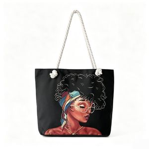 Spacious Black Nylon Canvas Tote Bag with Woman Art Print – Casual Shoulder Bag for Everyday Use