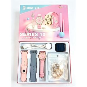 Crown Q16 Series 10 Smart Watch Gift Set - AMOLED Display with Extra Straps, Quartz Watch & Jewelry Accessories