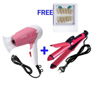 Nova Foldable Mini High-Power Hair Dryer with 2in1 Hair Straightener and Curler plus FREE Press-on Acrylic Nails