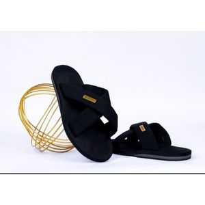 Nokoko Flexible Men's black luxury Strap double slide Slippers – Fashionable Non-Slip Leather Slide Sandals For Casual Indoor & Outdoor Wear (Black)