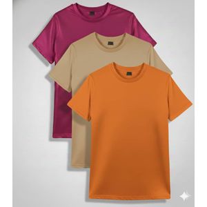 3PCS Unisex Violet Pink Tan Orange Round Neck T-shirts 
