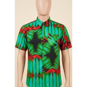 Men's African Print Short-Sleeve Button-Down Shirt - Emerald Green, Red & Black Abstract Motif Pattern   