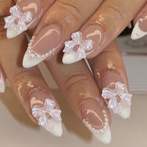 24pcs Medium-Length Almond-Shaped Press-On Nails with White French Tips, Adorned with Faux Pearls And 3D Bows