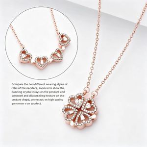 2-in-1 Detachable Four Leaf Clover Rose Gold Necklace, Convertible Split 4 Heart Sparkling Rhinestone Crystal Pendant, Adjustable Thin Chain Elegant Women Jewelry Gift For Valentine Birthday Wedding Party