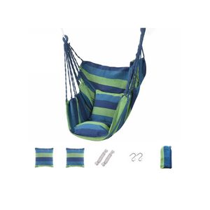 Canvas Hanging Hammock Chair - Blue/Green Stripe, with Cushion and Pillow