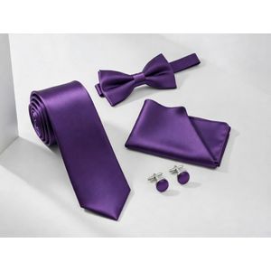 Men's 4-Piece Purple Satin Formal Accessory Set – Necktie, Pre-Tied Bow Tie, Pocket Square & Cufflinks