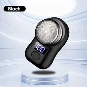 Men's Usb Rechargeable Portable Electric Shaver with Led Battery Display Waterproof Mini Travel Rotary Razor - Black