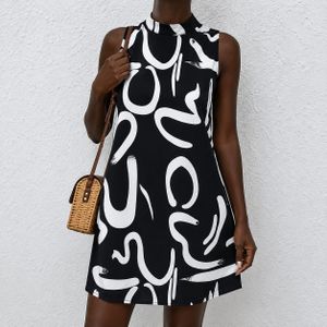 AKWA STYLE Women's Sleeveless A-Line Mini Dress – Black & White Abstract Print Casual Summer Dress
