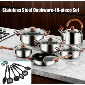 This 18-piece stainless steel cookware set features distinctive wood-grain handles and clear glass lids, offering comprehensive functionality for kitchen cooking.
