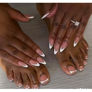 SHEIN 48 Pieces Toe And Finger French Tips Almond Nails+ Nail File+ Mini Glue