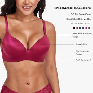 Binnys All Occasion Burgundy T-Shirt Bra Satin Fabric Fixed Pads & Adjustable Straps Lingerie Everyday Wear Daily Seamless Women Underwire Bra