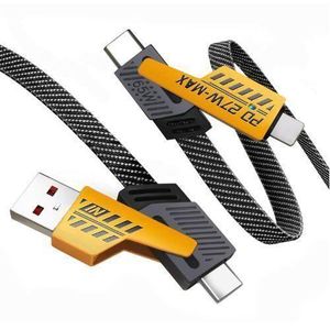 Multi-function Data Cable, 4-in-1, Super Fast Charging, Dual Type-C, 65W, Braided Nylon, PD27W - BLACK/YELLOW