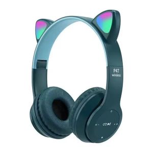 P47 Rechargeable Bluetooth Cat Ear Headphones- Deep Green/Blue