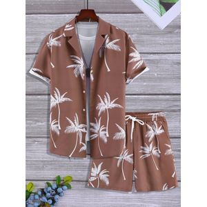 Vintage T Printed Short Sleeve Loose Buttons Casual Shirt & Short - Brown/White